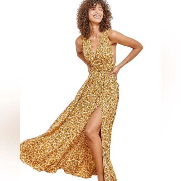 Lulus Dresses & Skirts - Lulu These are the Days Mustard Yellow Floral Print Halter Maxi Dress size small